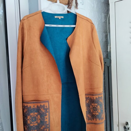Sweet Miss suede open-front jacket XL, camel and petrol
