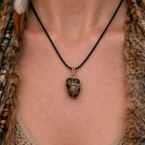 Natural stone necklace handmade new, brown and silver
