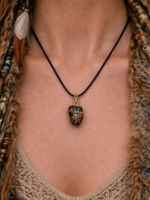 Natural stone necklace handmade new, brown and silver