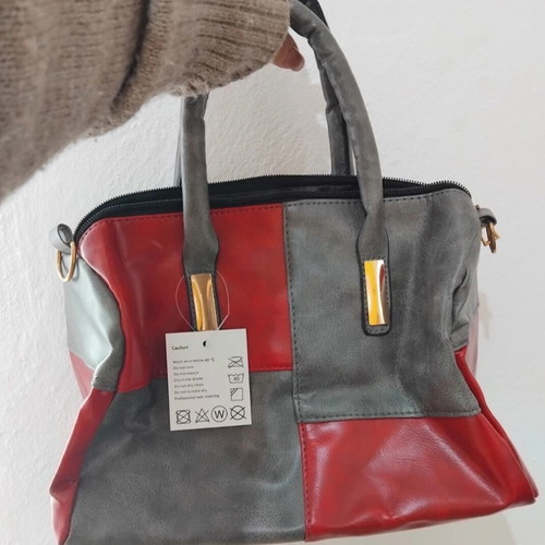 Two-tone gray-red handbag new with shoulder strap