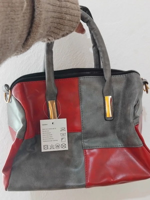 Two-tone gray-red handbag new with shoulder strap
