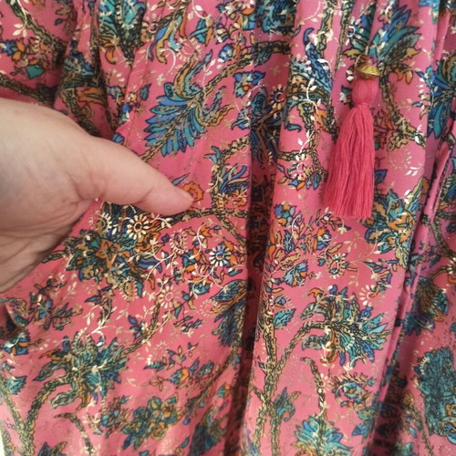 Pink coral dress with multicolor paisley and gold print, Large