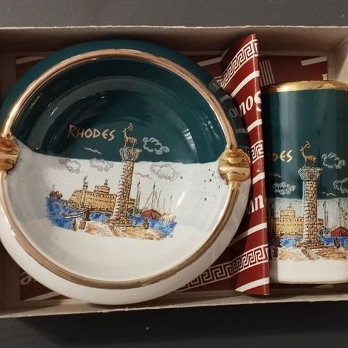 Vintage ashtray and lighter case set Rhodes handmade with 24K gold