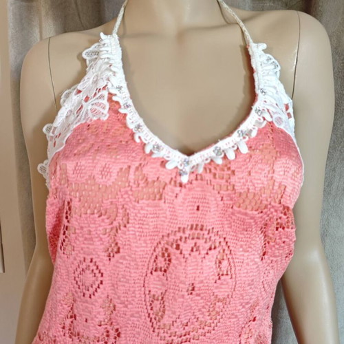 Vintage lace dress coral pink S/M