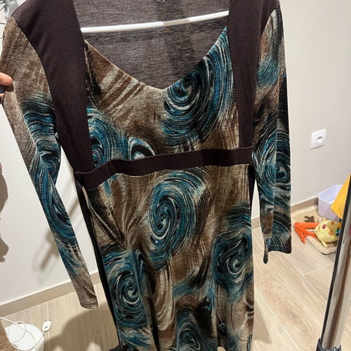 Brown printed 3/4 dress used with waist tie