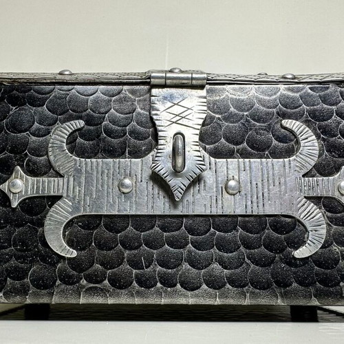 Metal Storage Chest used, Gothic style with medieval symbols