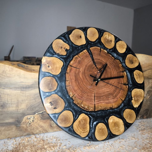 Wall clock 34 cm handmade with olive and almond wood and resin