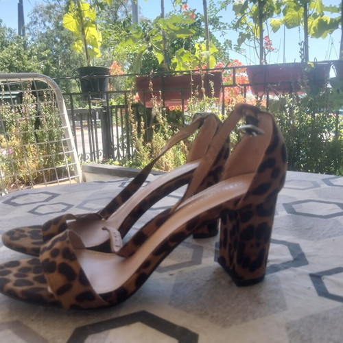 Diamantique leopard black suede sandals with thick heel, like new