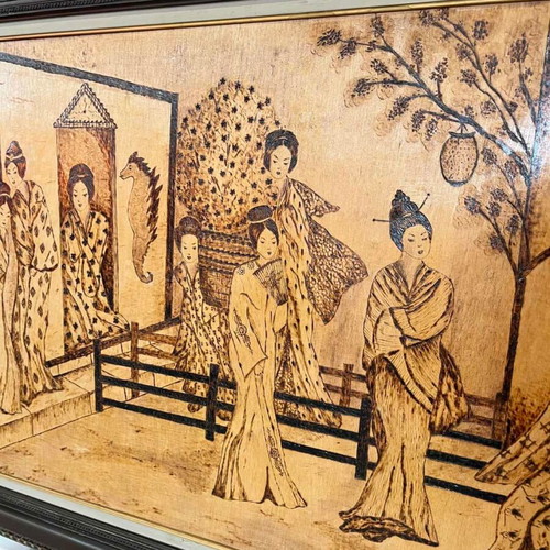 Vintage pyrography wall art with Chinese wedding scene, artist signed, 70x114