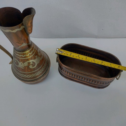 Copper Greek handmade carved jug and flower jardiniere used