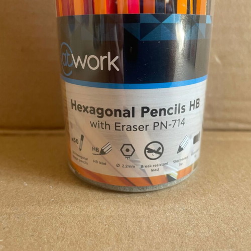 @Work Hexagonal HB Wooden Pencils with Eraser, pack of 50
