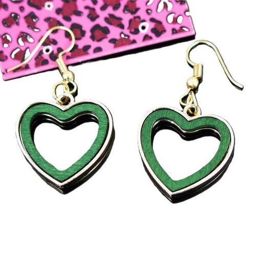 Heart earrings new, green wood with gold metal frame
