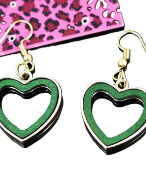 Heart earrings new, green wood with gold metal frame
