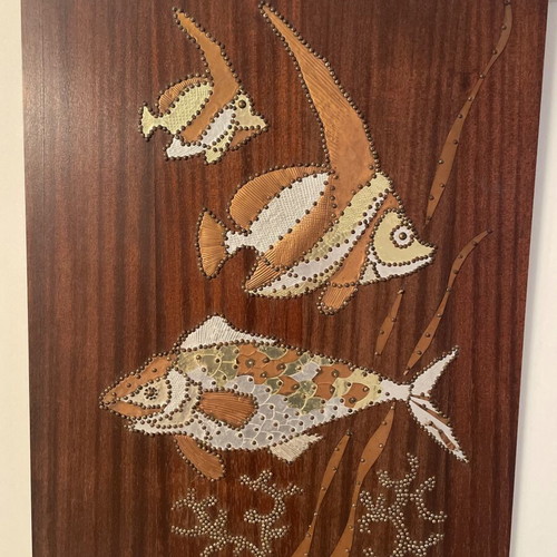 Metal Art Handmade Wall Art with Sea Life on Wooden Plaque