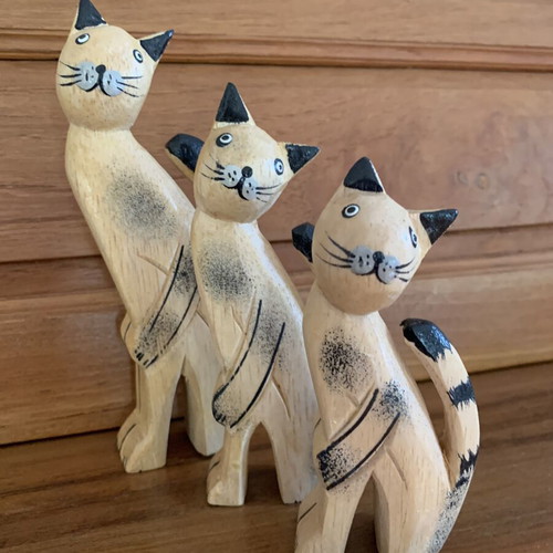 Set of three handmade wooden cat figurines new