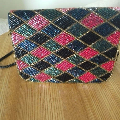 Vintage satin evening bag with colorful beads