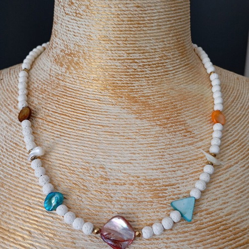 Handmade women's necklace with mother of pearl and lava stone new