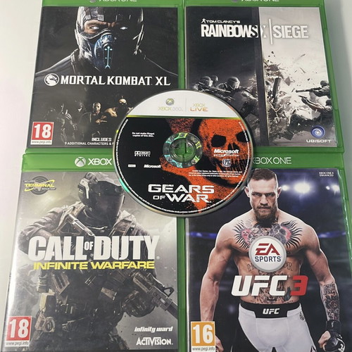 Xbox One and Xbox 360 games used, Mortal Kombat XL, UFC 3, Rainbow Six, COD, Gears of War