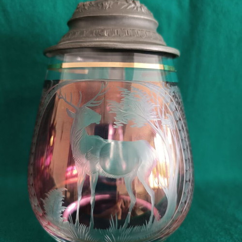 Bohemian glass beer stein with pewter lid like new