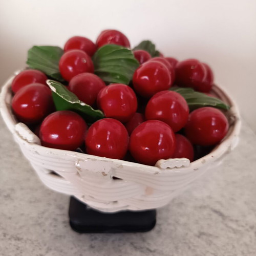 Vintage decorative basket with cherries and leaves used, ceramic porcelain