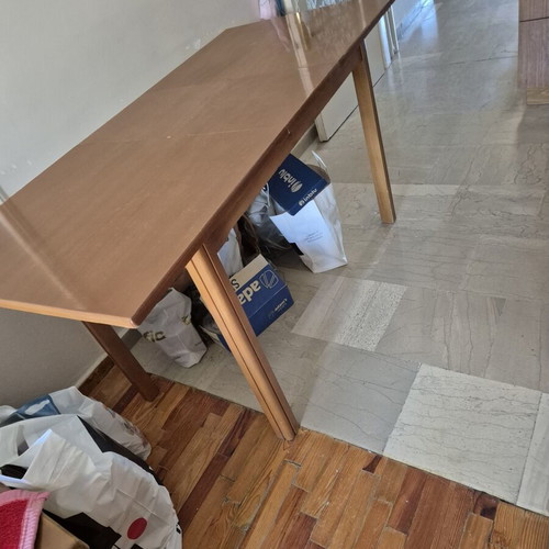 Wooden kitchen dining table with extension and 4 fabric chairs used