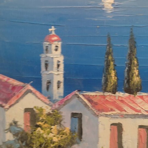 Billis oil painting like new, Greek island landscape on canvas