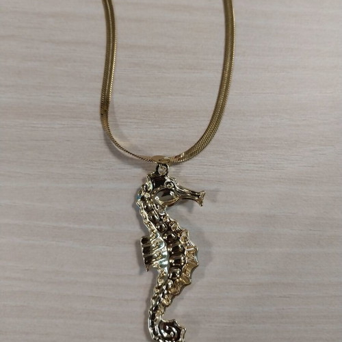 Summer necklace gold steel with embossed blue seahorse like new