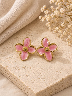 Pink Enamel Flower Earrings Stainless Steel like new