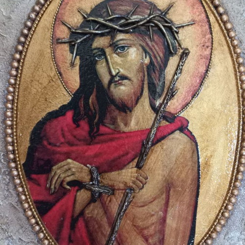Handmade image on wood new, oval 27×19 cm