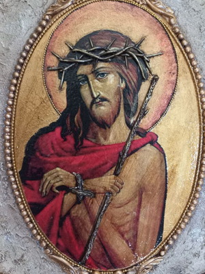Handmade image on wood new, oval 27×19 cm