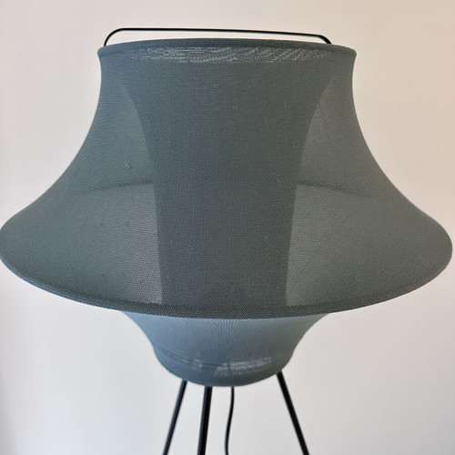 IKEA floor lamp used, dark blue fabric shade, tripod legs