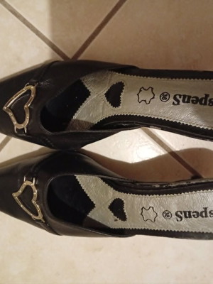 Saspens black leather mules with heart buckle, size 38