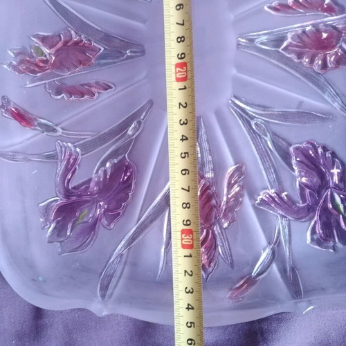 Walther glass platter with purple and rose embossed flowers like new