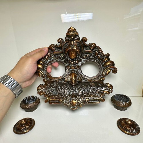 Victorian Baroque style double inkwell, brass with copper plating