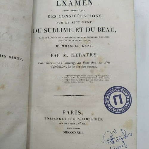 Philosophy Book Examen Philosophique sur le Beau et le Sublime 1823