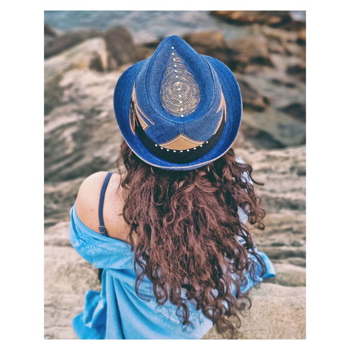 Straw Fedora Hat Painted Unisex New Blue