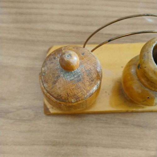 Wooden Pelion salt and pepper set with toothpick and napkin holder used