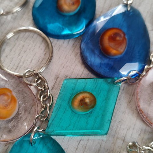 Handmade keychain with natural sea eye shell in resin, colorful, new