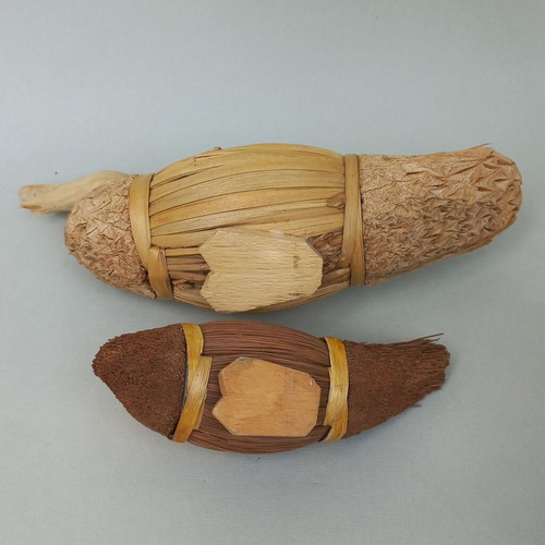 Set of handmade decorative wicker ducks used