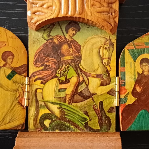 Vintage wooden triptych icon Saint George & Annunciation of Theotokos