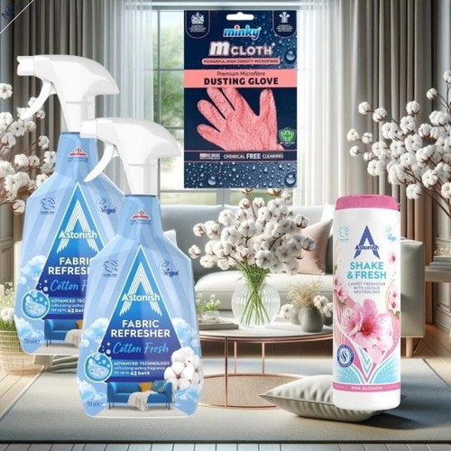 Astonish Cotton Fresh Fabric Refresher and Carpet Freshening Powder Pack with Minky Glove new