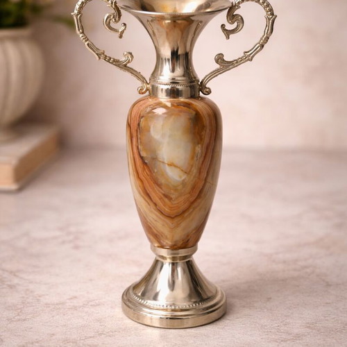 Decorative vintage amphora from onyx and brass like new, 23cm