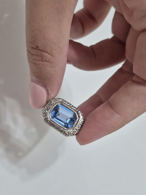 Vintage ring with emerald-cut blue topaz, sterling silver 925