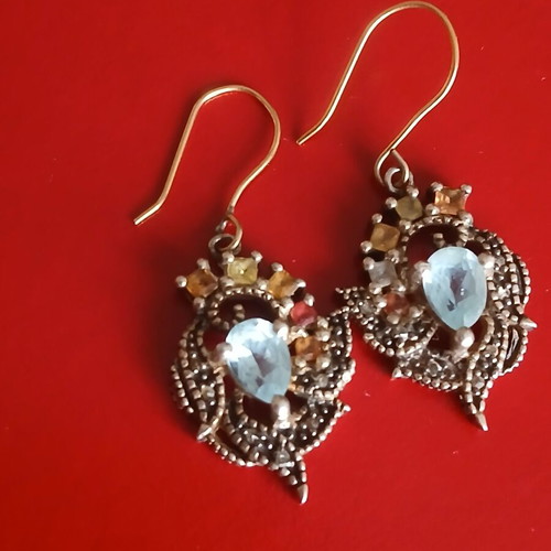 Earrings with semiprecious stones and vintage diamonds in 925 silver and 9k gold