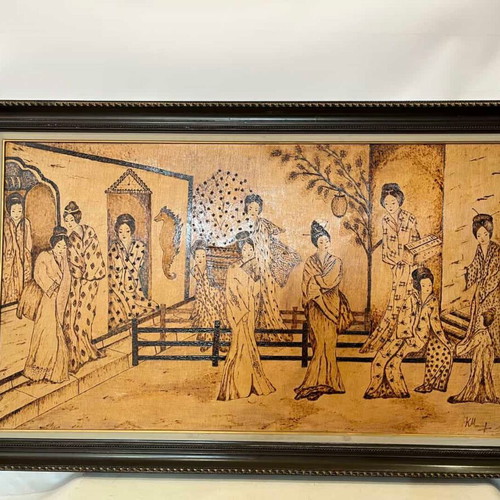 Vintage pyrography wall art with Chinese wedding scene, artist signed, 70x114