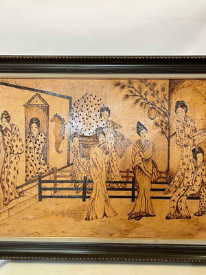 Vintage pyrography wall art with Chinese wedding scene, artist signed, 70x114