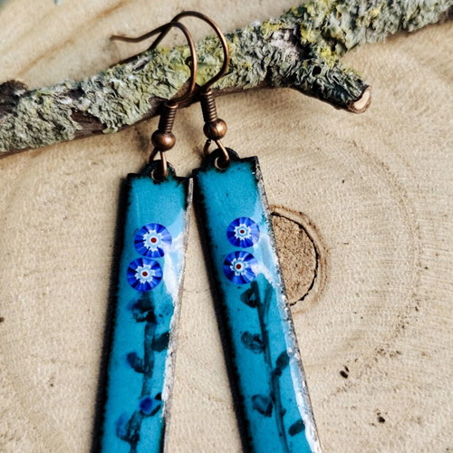 Handmade blue enameled earrings with Murano millefiori glass