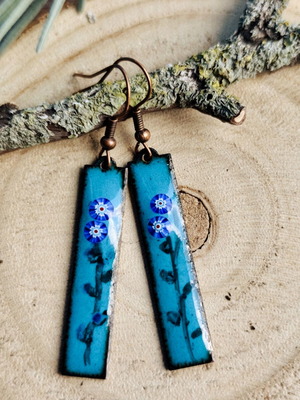Handmade blue enameled earrings with Murano millefiori glass