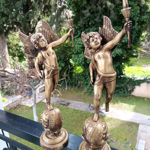 Bronze antique statues pair like new, winged angels with torches 1820