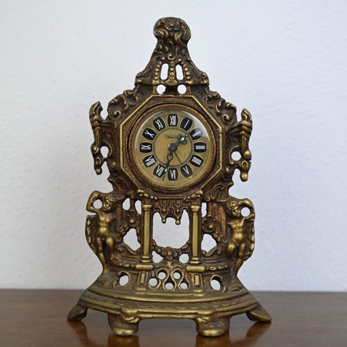 Vintage Baroque Style Table Clock Used, Brass Frame